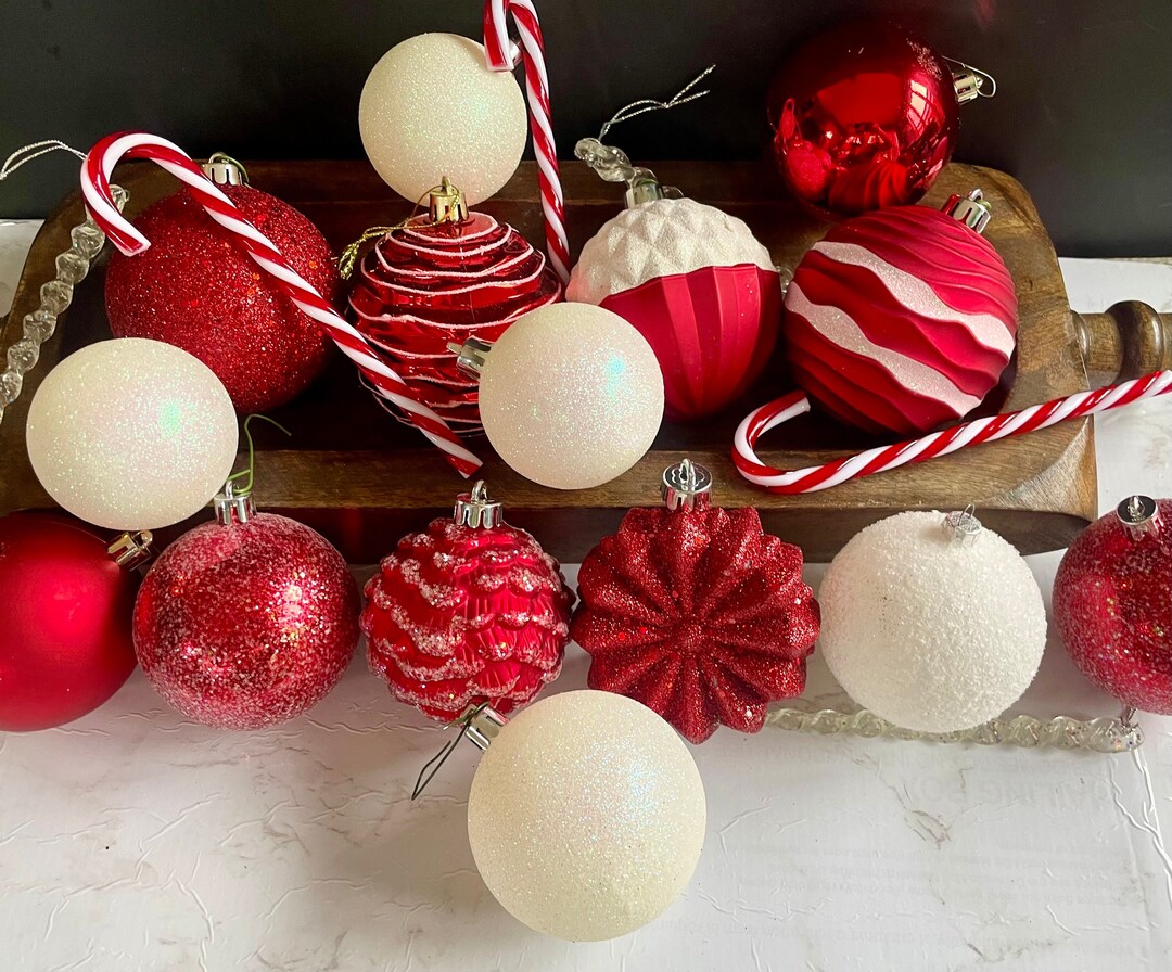 Vintage Red & White Christmas Ornaments Lot of 23 Pieces Large Balls