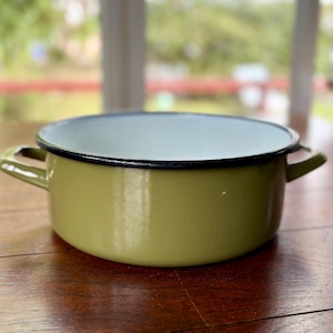 Vintage WESTEN BASSANO Enameled Pot in Sage Green with Handles and Blue Interior in Made in Italy RARE 1960s Kitchen Pan Decor gift.