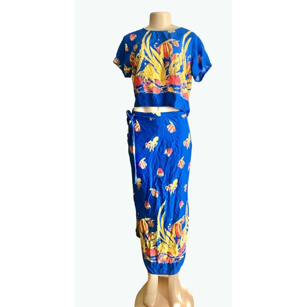 Ensemble de plage vintage des années 1990, haut et paréo de Dream Island, taille M L, bleu jaune orange, décor de poisson, paréo de plage pour femme, mode tropicale.