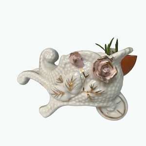 Vintage EMPRESS of Japan Ceramic Hobnail Cart Wheelbarrow w Roses White Gold & Pink Midcentury Decor Rose Porcelain wheelbarrow.