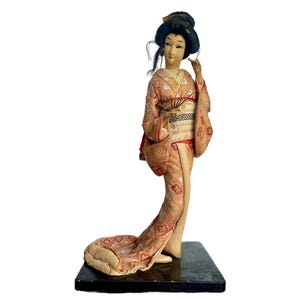Vintage Japanese Geisha Oiran Doll with Brocade Kimono & Fan — Shōwa Period Japan Collectible - READ DESCRIPTION