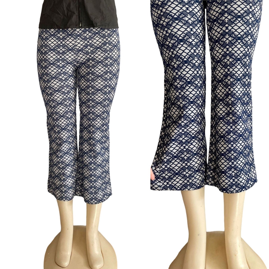 Small 1970s Blue Gaucho Pants Black Paisley Pleated Cropped Wide Leg