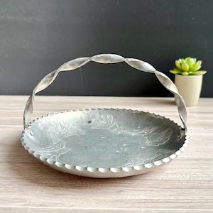 Vintage Farberware Hammered Aluminum Basket – Hand-Wrought Floral Engraved Tray – Midcentury Decorative Serving Dish
