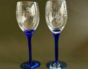 Vintage Hand Blown Wine Glasses – Cobalt Blue Stem, Grapevine Etching – Set of 2