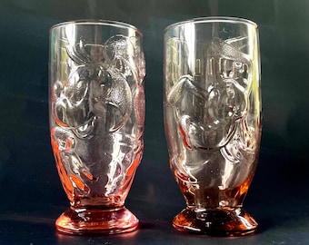 Vintage Disney Glasses Set with Minnie & Pluto - Footed Tumblers 3D Embossed Onishi