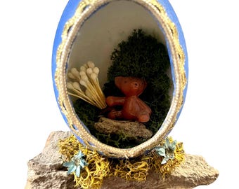 Vintage Egg Shell Diorama of Teddy Bear - Woodland Scene on Bark Base | Midcentury Miniature Easter Egg Decor