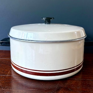 Vintage FOLEY geëmailleerde pot | Crème met bruine strepen | Keukenpannen uit de jaren 70 | In de VS gemaakte geëmailleerde pan met deksel