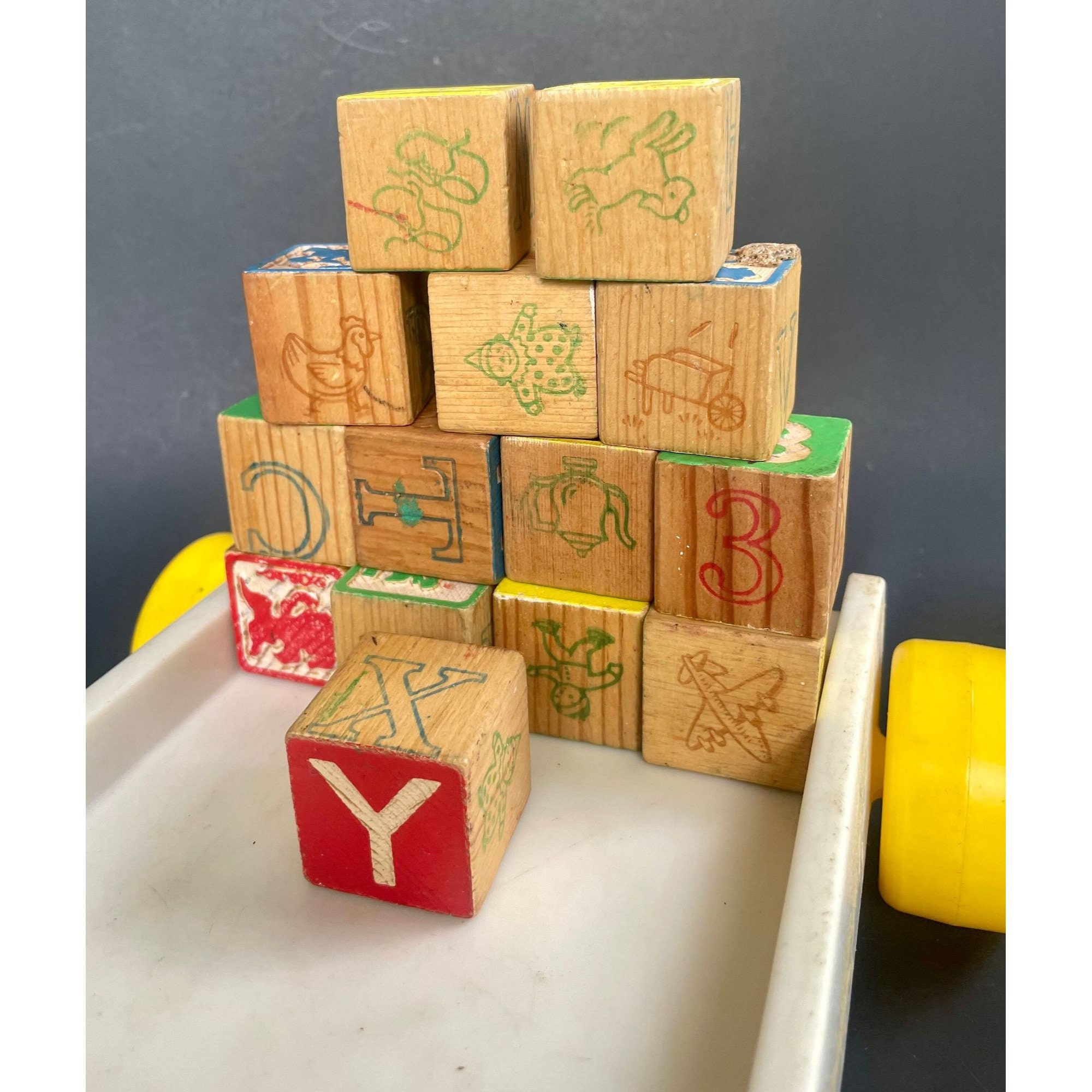 Playskool製 ヴィンテージ木製ブロック＆プルワゴンおもちゃ – レトロ 