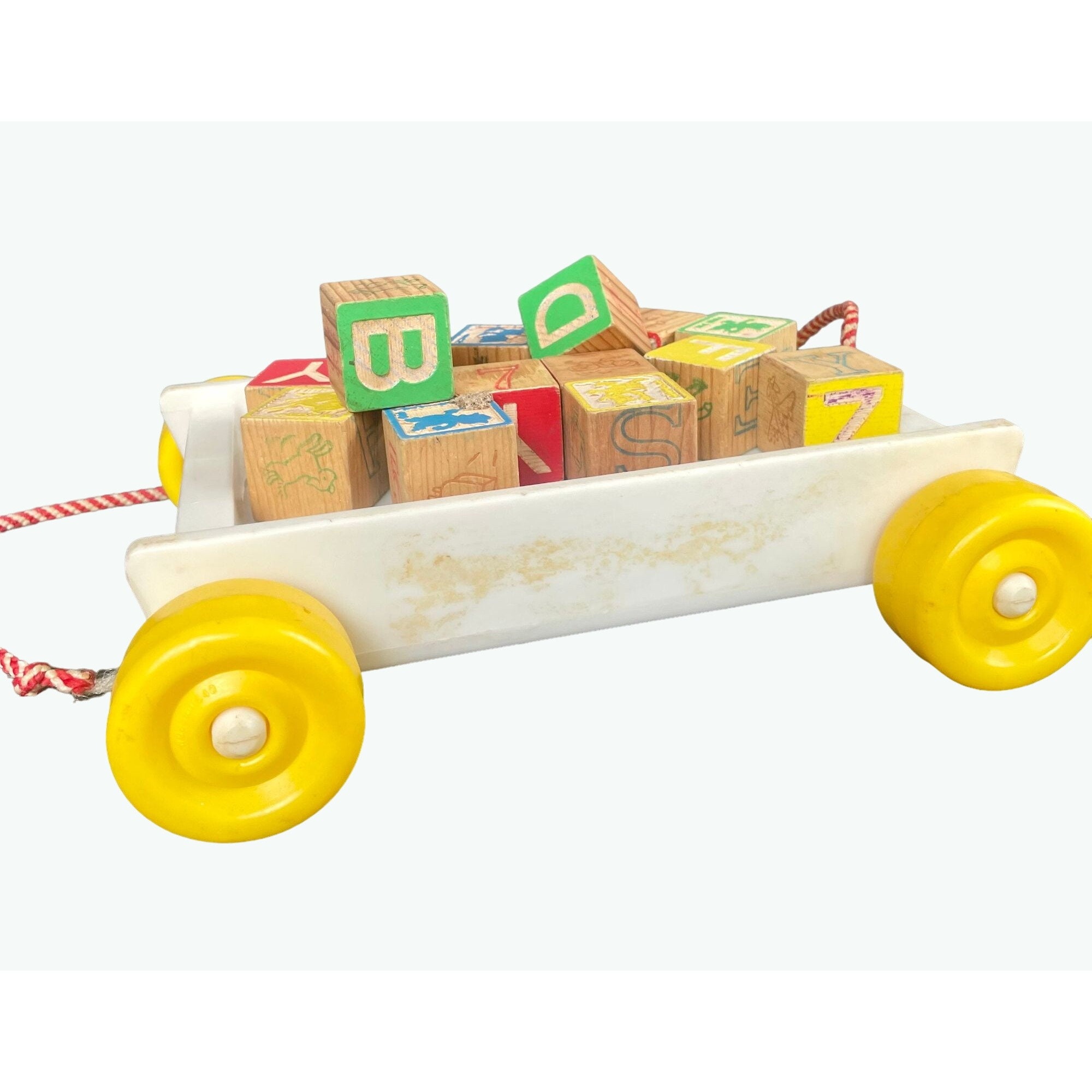 Playskool製 ヴィンテージ木製ブロック＆プルワゴンおもちゃ – レトロ 