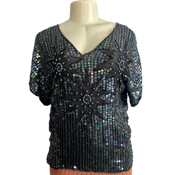 Vintage Silk Blouse with Sequins by Sarafino in B… - image 3