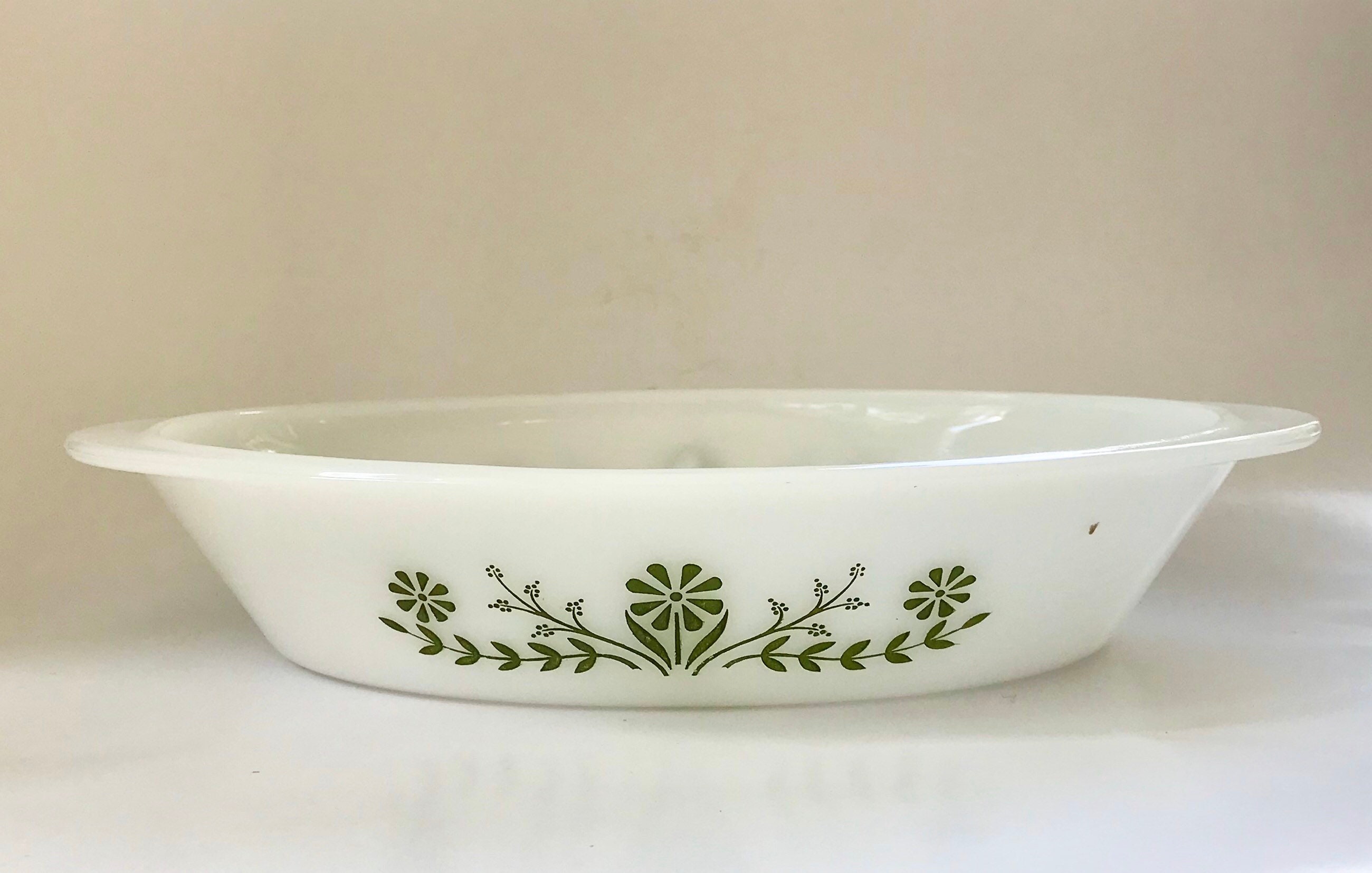 vintage primrose dream green crazy daisy glasbake divisé plat ovale rétro ustensiles de four cocotte blanc vert deux côtés cadeau en verre lait.