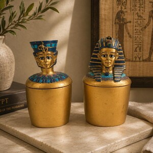 Vintage Egyptian Canopic Jars Set of 2 • Resin Pharaoh Trinket Boxes • Ancient Egypt Decor, Egyptian Revival Ring Holders