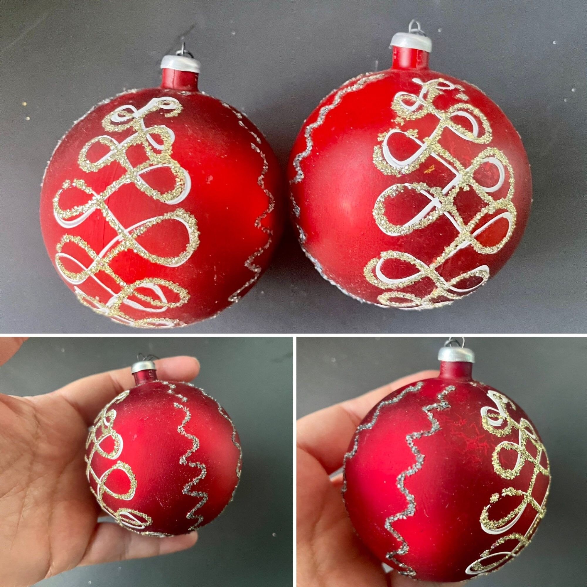 Vintage Glass Christmas Ornaments Set of 2 – Red & Gold Glitter