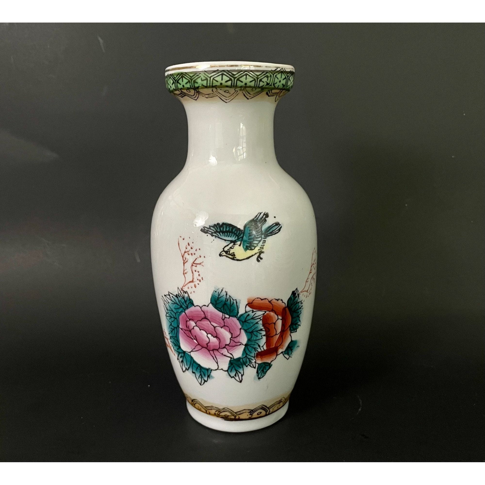 鳥と花が描かれたヴィンテージ中国製花瓶 - アジア風装飾磁器瓶 - 高さ