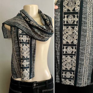 Vintage Dark Green Scarf with Abstract Tribal Print – Long Neck Wrap, Retro Waist Belt, Unique Gift for Her