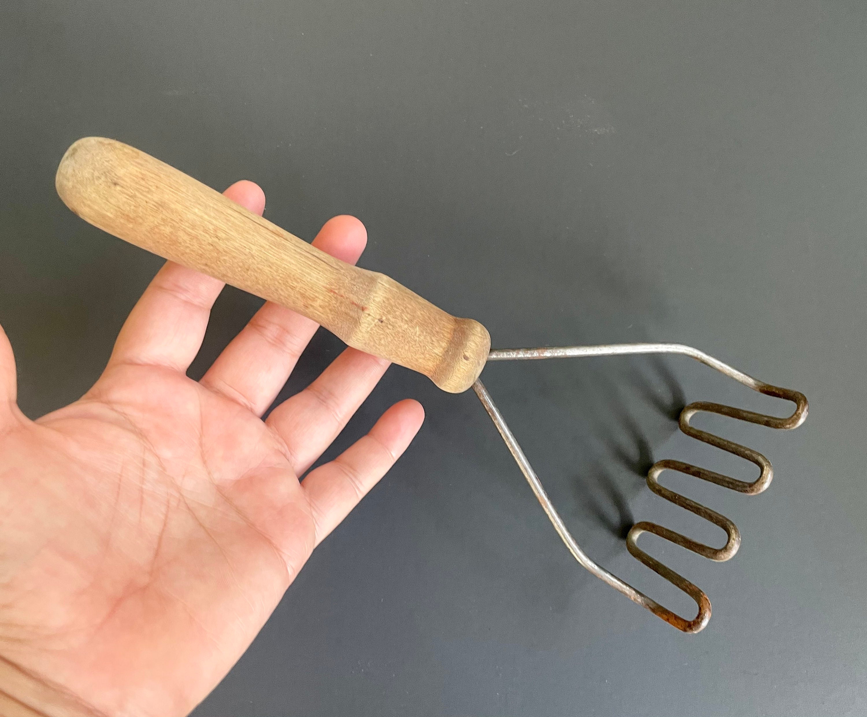 Vintage Potato Masher With Wooden Handle Chipped Paint, Midcentury