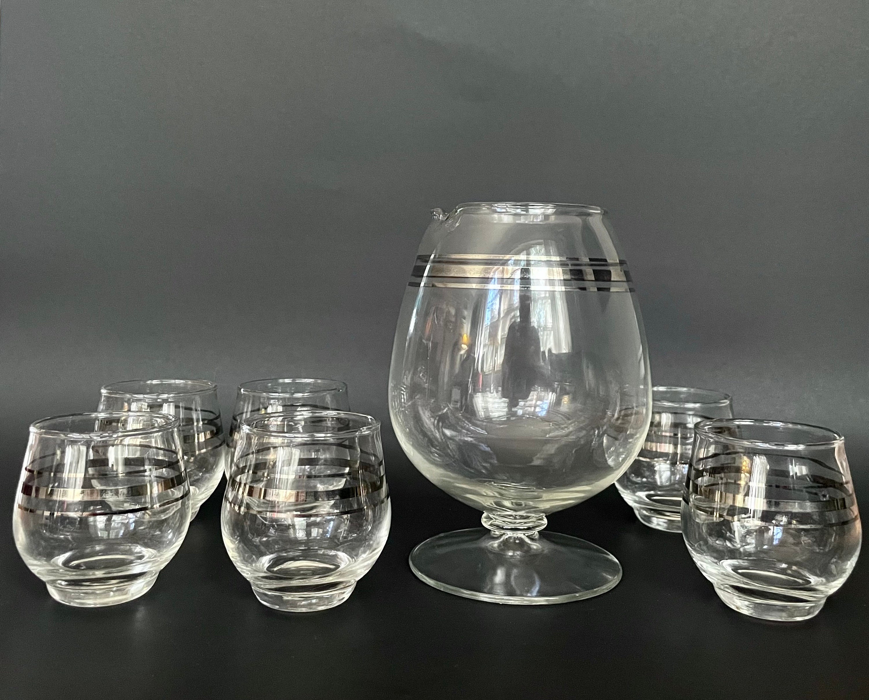 Vintage Midcentury Roly Poly Bar Set • Footed Decanter & 6 Glasses with Platinum Silver Rim • MCM Glassware Barware Set • Retro Cocktail Set