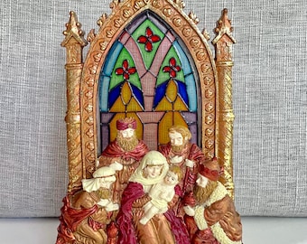 Portavelas vintage de la Natividad – Decoración navideña de la Sagrada Familia en vidrieras, atrapasoles