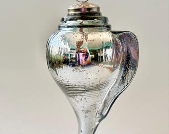 Vintage Oversized Mercury Glass Conch Shell Christmas Ornament | 8" Silver Coastal Kugel Style Sea Whelk Ornament