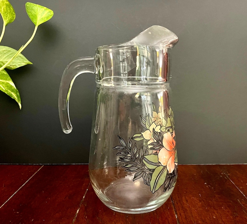 Jarra de vidrio vintage con diseño floral en forma de bola, color rosa y verde, para té helado o limonada, 24 cm imagen 2