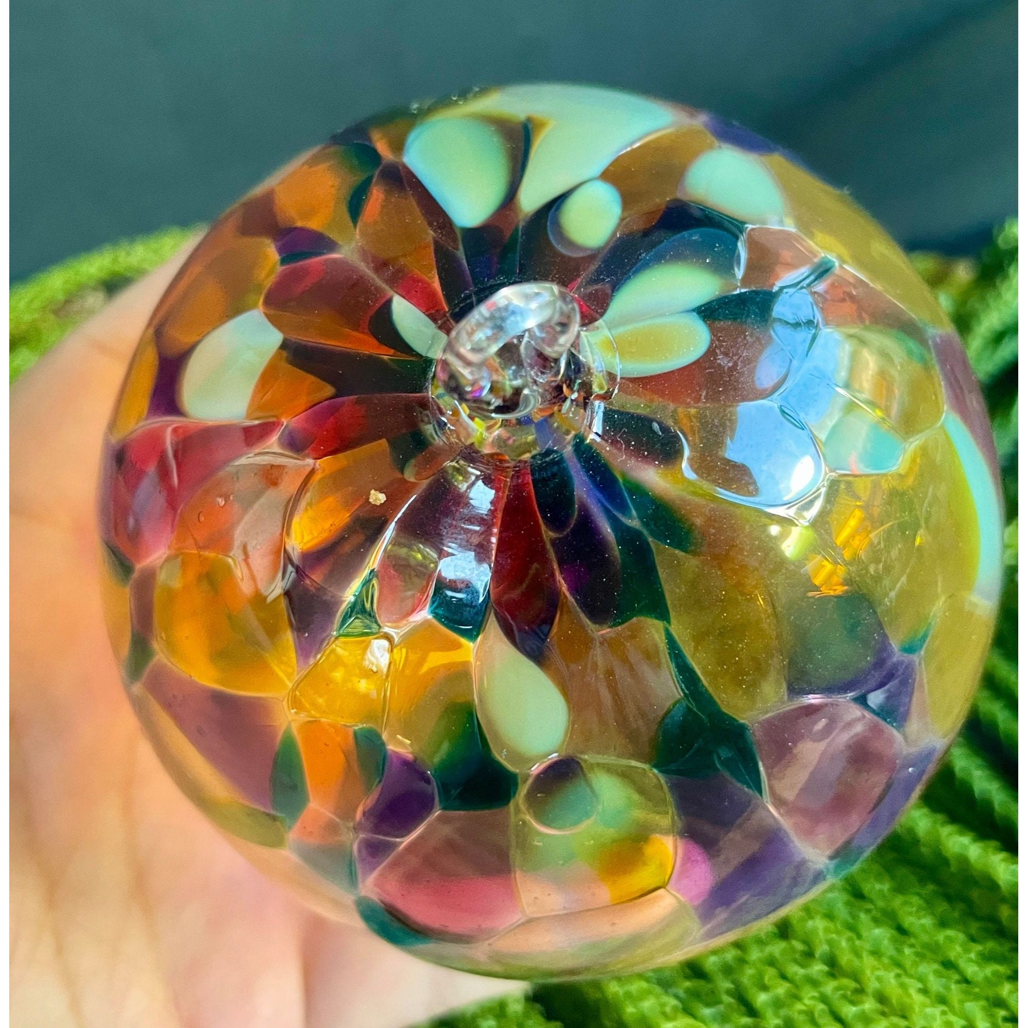 Boule De Noël Ancienne En Verre Cristallin Soufflé - Multicolore, Ronde, Vintage, France