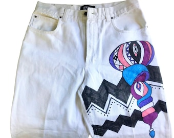 Seltene Vintage Versace Medusa Couture Jeans - handgemalte tragbare Kunst, Größe 34/48, Made in Italy