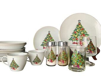 Vintage Jamestown China Holiday Treasure pieces SOLD SEPARATELY plate cups glasses salt pepper shaker Christmas table glassware decor gift.