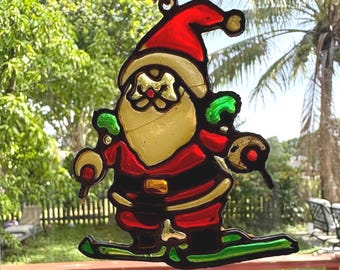 Vintage Kurt Adler Stained Glass Skiing Santa Ornament – 1978 Christmas Decor Sun catcher, 4"