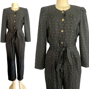 Vintage Molly Malloy Jumpsuit – Black & Gold 90s Retro – Size M/L – Shoulder Pads, Front Tie, Elastic Waist