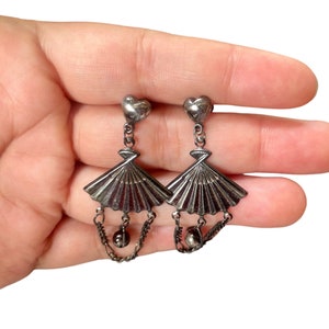 Vintage Dangling Fan Earrings in with heart detail in dark tone pierced ears vintage style fan earrings mothers day gift gift for her.