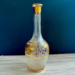 Vintage Bohemia Crystal Decanter – Crystalex BOC47 Pattern – Frosted Bottom, Gold Leaves & Purple Dots – 11 1/2&quot; Tall, NO STOPPER