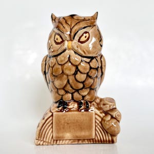 Vintage Ceramic Owl Figurine, Midcentury 7&quot; Brown & Black with Message Sign, MCM Home Decor