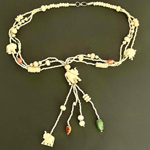 Vintage Elephant Necklace – 1970s Carved Bone with Carnelian & Green Agate – Multistrand Beaded Jewelry