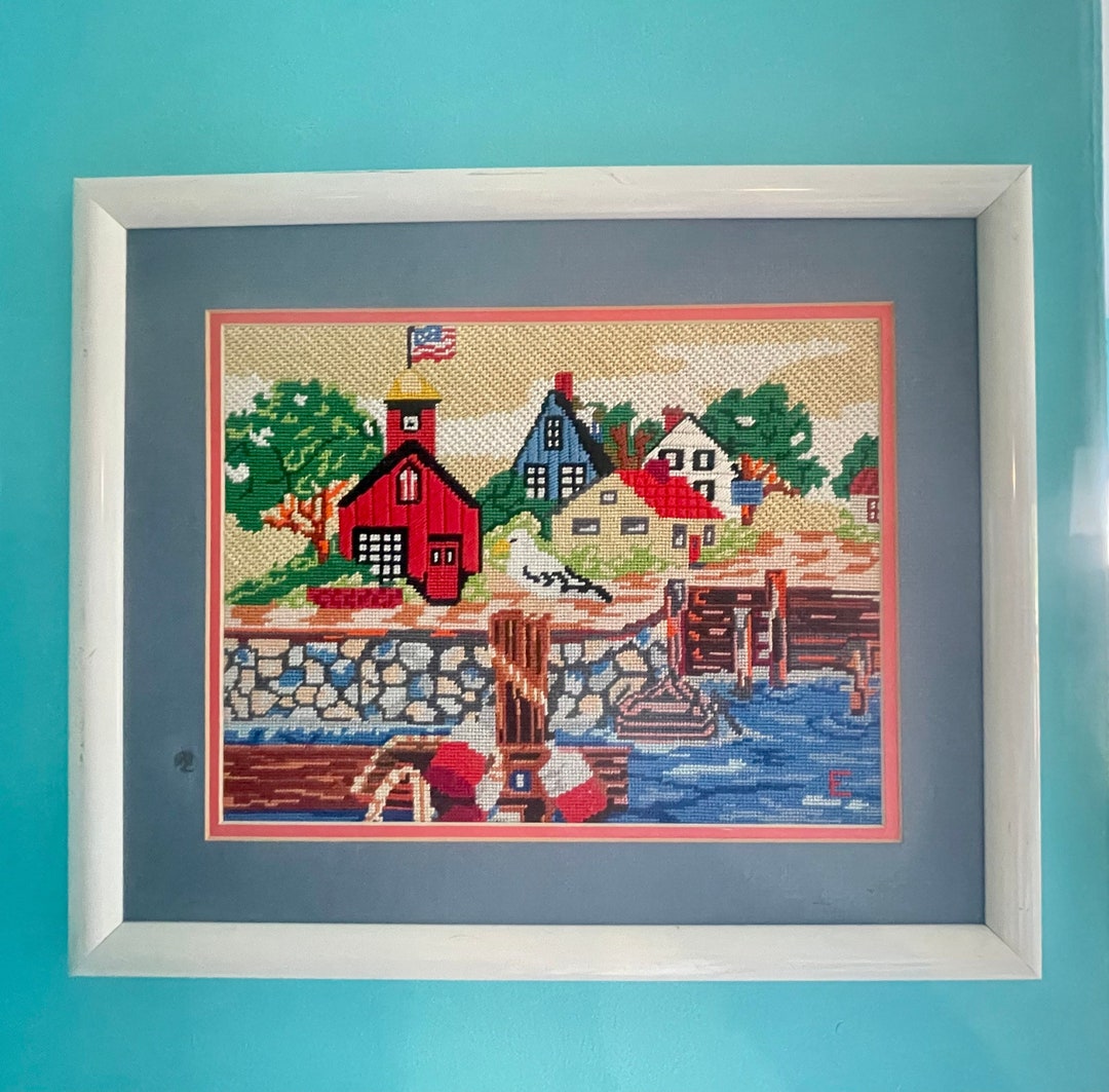 Vintage Framed Needlepoint Art Work Nautical Town USA Signed E Sea