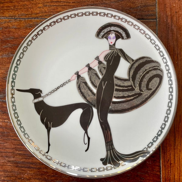 Vintage Art Deco Style House of Erte Collector Plate 'Symphony in Black' by The Franklin Mint Porcelain decorative plate woman greyhound.