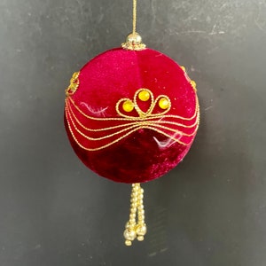 Vintage Red Velvet Ornament Midcentury Christmas decor with gold details, vintage 1960s Chirstmas large velvet ornament gold beads.