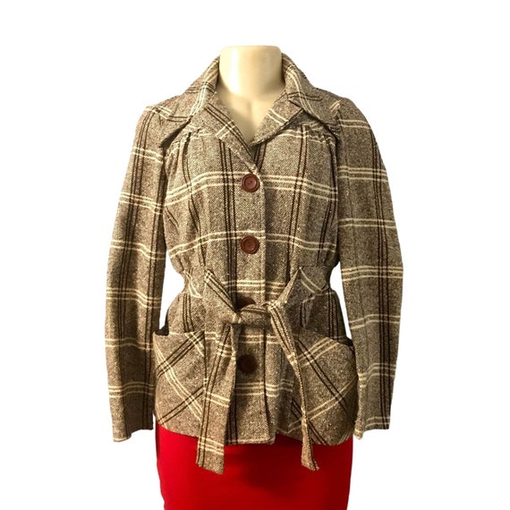 Vintage JC Penney Coat Jacket 1970s Brown Plaid D… - image 1