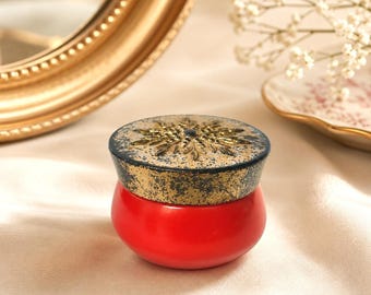 Vintage Avon Cream Sachet Jar – Red & Gold Persian Wood, Retro Vanity Decor