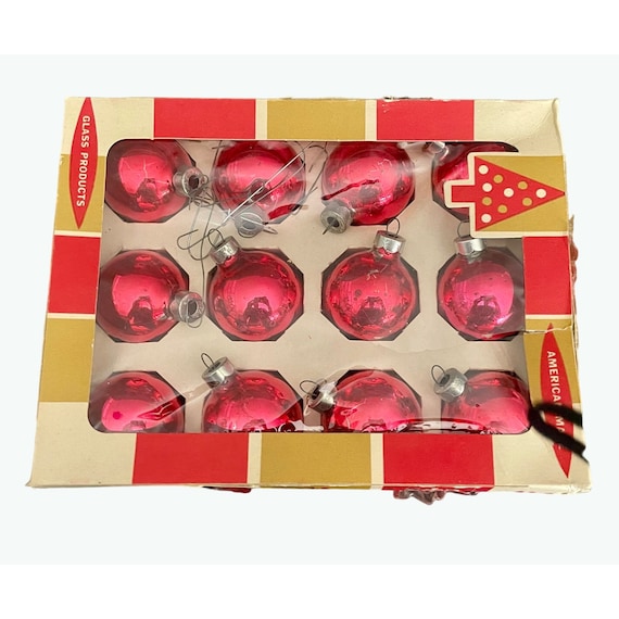 Vintage Glass Ornaments by Coby, 1950s – Set of 12 Dark Pink Balls in Original Box, Midcentury Christmas Decor