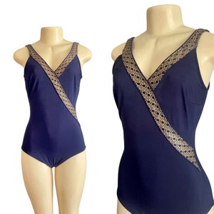 Vintage Roxanne Swimsuit – 1980s One-Piece Bra-Sized Retro Swimwear, Blue & Gold, Size 10/M