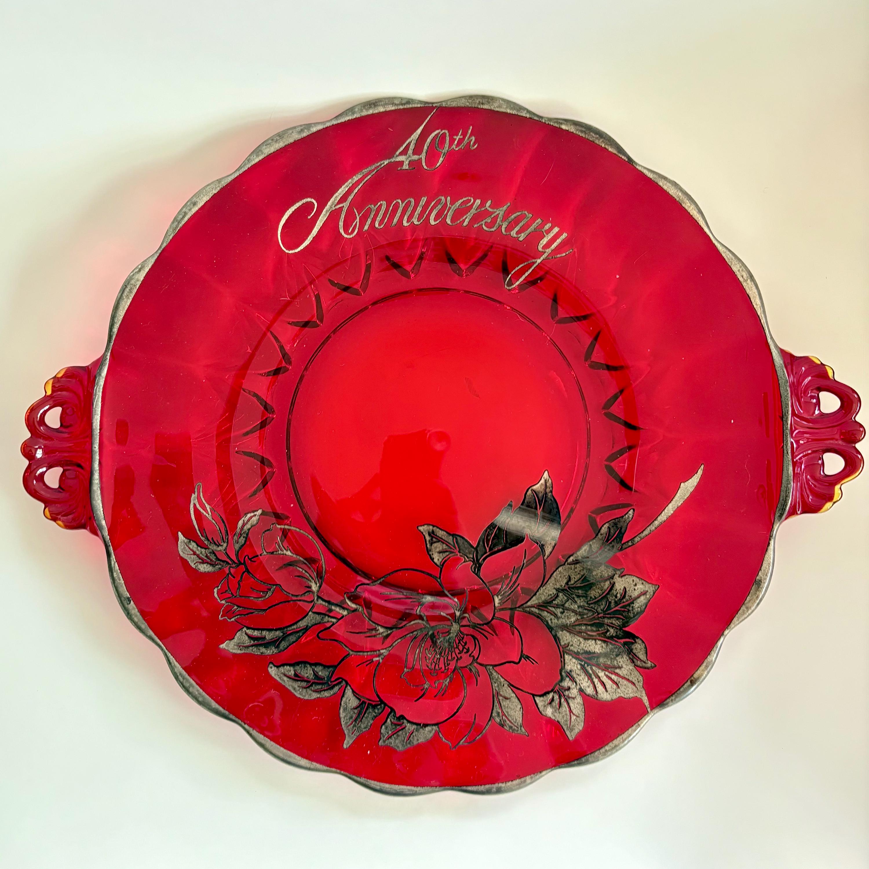 Vintage 40th Anniversary Ruby Red Glass Handled Plate with Silver Floral Overlay, 13"
