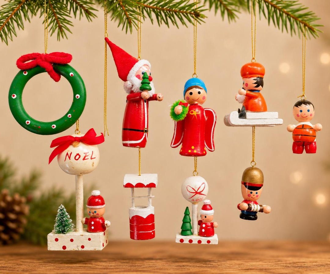 ヴィンテージ風木製クリスマスオーナメント9点セット - 大型、赤と白