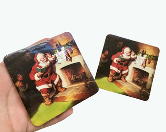 Vintage Santa Coasters from Coca Cola set of 2, Coca Cola Christmas Coasters Coke Santa Claus Coasters, Pair Cork Backed Holiday Coasters.