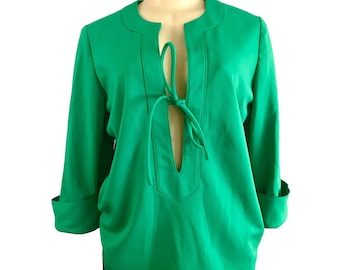 Vintage 70s  Mr B Blouse Top in Green Size L XL 14 1970s Green top long sleeves 1970s professional Pullover Shirt 34 sleeves Large women.