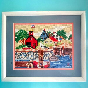Vintage Nautical Needlepoint Art – Framed Coastal Town USA – Handcrafted Maritime Wall Decor – Beach Cottage Decor