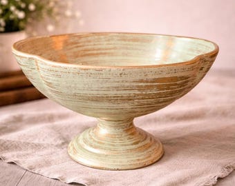 Vintage Royal Haeger Pottery Pedestal Bowl – Green with Brushed Gold – Midcentury USA Art Pottery