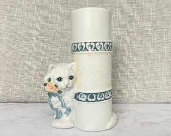 Vintage Cat Bud Vase Ceramic Cat decor flower vase by UOGC Taiwan ROC, adorable white Persian blue eye cat decorative vase decor accent.