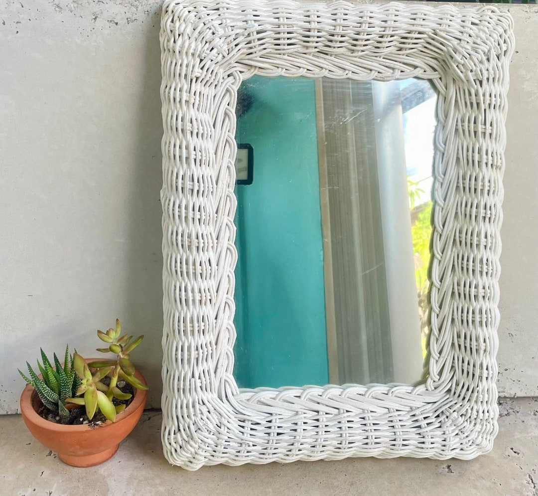 Vintage White Wicker Mirror 70s Retro White Wicker Mirror Wall Decor Bohemian Shabby Wall Decor