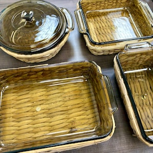 Vintage Anchor Hocking Amber Glass Bakeware with Rattan Basket – 4 Piece Set – Sold Individually – 1970s Glass Baking Dishes Casseroles