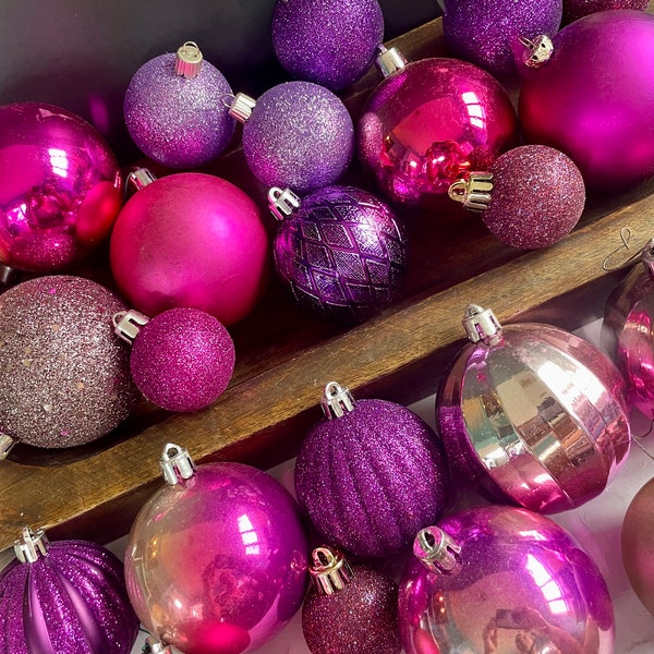 Vintage Purple & Pink Christmas Ornaments large lot of 23 pieces, retro unbreakable ornament purple pink Christmas decor glitter sustainable